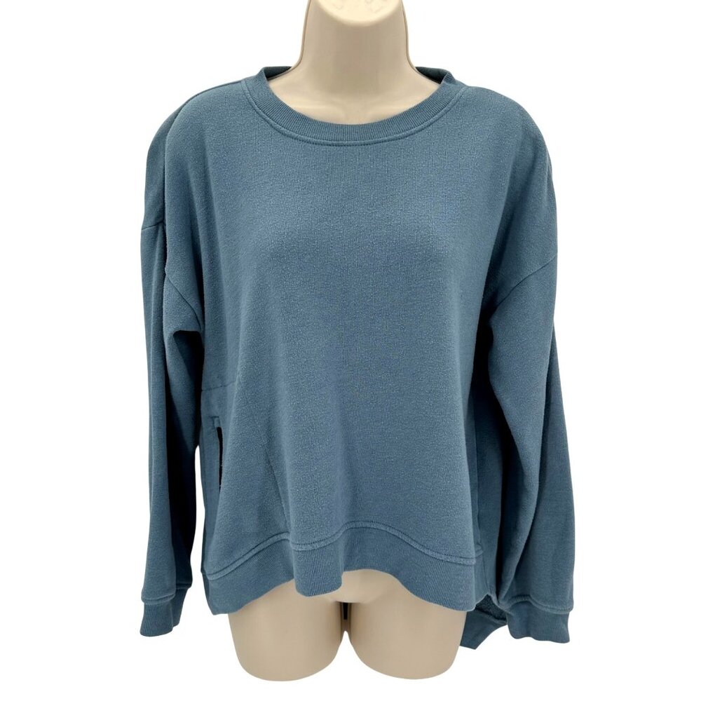 Josie Natori Womens Blue Asymmetrical Hem Long Sleeve Cropped Sweatshirt M